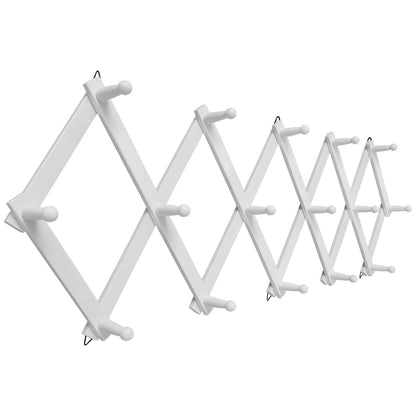 SCUNDA Accordion Wall Hanger with 16 Hooks, Wooden Coffee Mug Rack for Wall, Expandable Accordion Hook Rack Wall Mounted for Mug, Tea Cup, Purse,Coat, Hat, Cap(White)