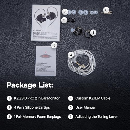 Linsoul KZ ZS10 PRO 2 in Ear Monitor IEM, 1DD+4BA Hybrid Wired Earbuds, with 4-Level Tuning Switch, 3-Way Crossover Gaming Earbuds, Silver-Plated IEM Cable for Musician Audiophile (Black, with Mic)