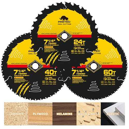 7 1/4¡° Circular Saw Blade, 24T&40T&60T ATB Circular Saw Blade Fine Finish, 5/8" Arbor, TCT, Anti-Vibration, Teflon Anti-Stick, Miter Saws Blades for Wood, MDF, OSB, Laminated, Plywood (3Pack)