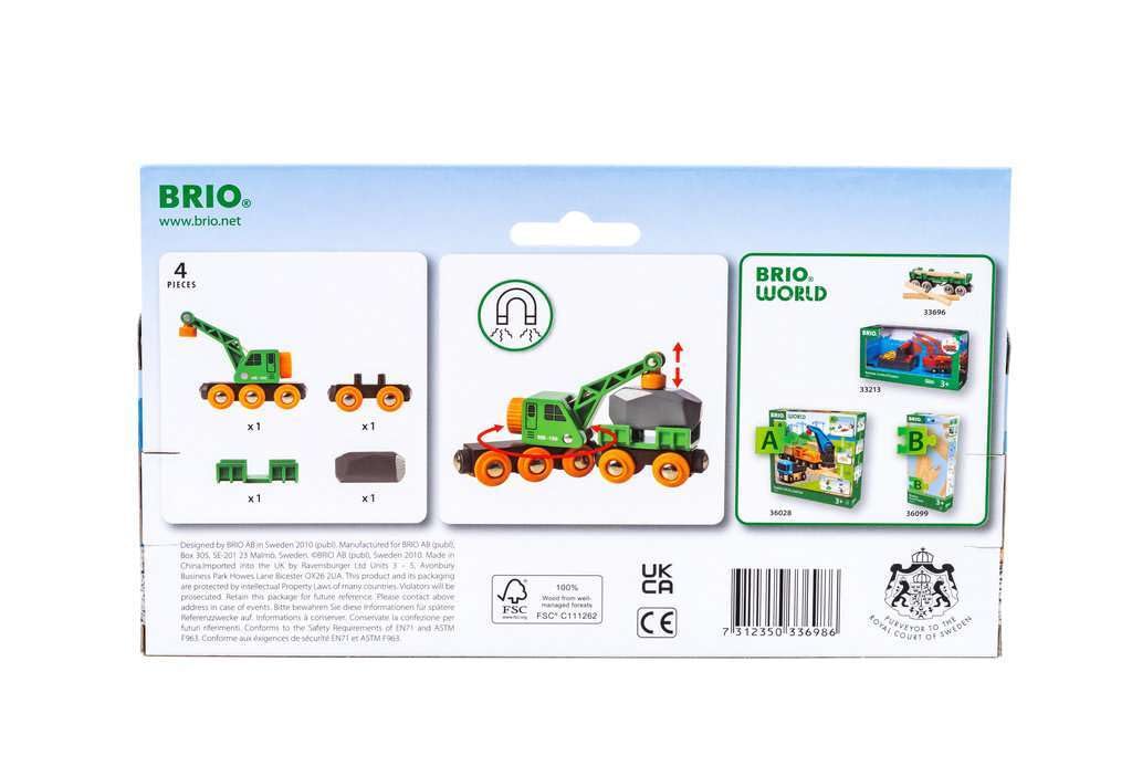 BRIO World 33698 - Clever Crane Wagon Set - 4 Piece Wooden Toy Train Set for Kids | Imaginative Play | Compatibility with Other Sets | FSC-Certified Wood