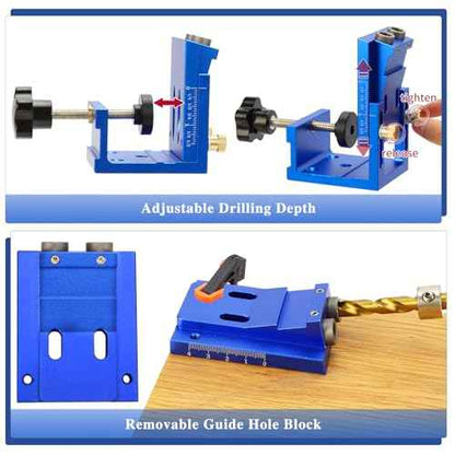 Pocket Hole Jig Kit, Metal Pocket Screw Jig 15 Degree Drilling Locator,Pocket Dowel Hole Jig System Set Wood Joint Angle Tool (Blue)