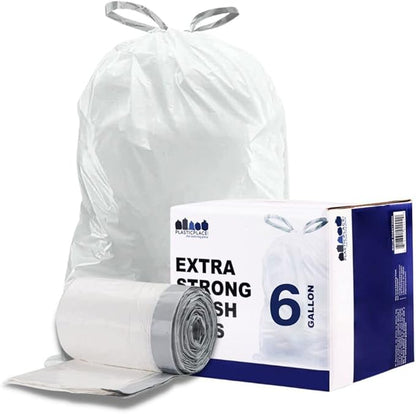 Plasticplace 6 Gallon Trash Bags White Drawstring Garbage Can Liners, 17” x 20”