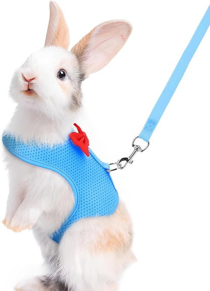 Light Blue Rabbit Harness and Leash Set, with Cute Bow Soft Breathable Mesh Bunny Vest Harness for Rabbits Kitten Ferret Puppy Small Pets Walking, S