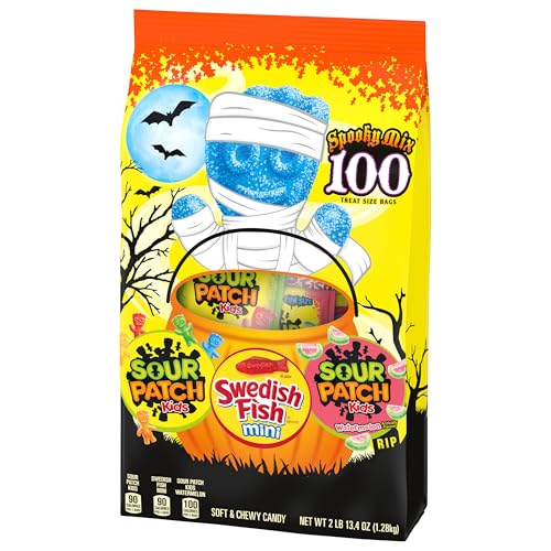 SOUR PATCH KIDS & SWEDISH FISH Mini Halloween Candy Variety Pack, Bulk Candy, 100 Trick or Treat Bags