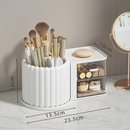 Makeup Organizer Countertop, 360 Rotating Makeup Brush Holder with 2 Drawer Organizer, Small Preppy Kids Desk Organizer, 9.25x5.11 Inch, White