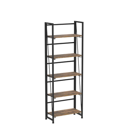 4NM No Assembly Folding Bookshelf, 5-Shelf 62.2" H Collapsible Foldable Bookcase Storage for Small Spaces, Rustic Brown and Black