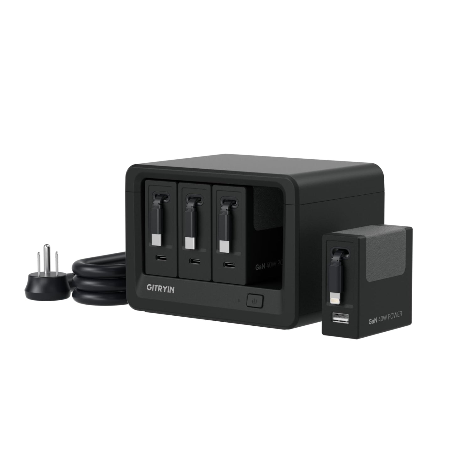 Gitryin 12-in-1 Desktop Charging Station with 3 Retractable Type-C Chargers and 1 Lightning Charger, 160W USB-C Charging Hub with 33.5in Cable, 4 AC, 1 USB A Port, 3 USB C Ports