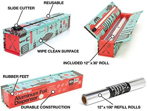 ChicWrap BBQ Tools Refillable Foil Dispenser - One 12"x 30' Roll of Professional Grade Aluminum Foil - Reusable Dispenser w/Slide Cutter - Kosher Certified - Reduces Waste & Saves Money