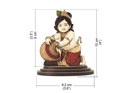 PLEASANTINO - 4 Inch Baby Krishna Makhan Chor Wood Carved Statue in Exotic Hard Woods - Multi Layered Hand Made Wooden Bal Gopal Kahna Idol for Car Dashboard, Home, Office, and Travel