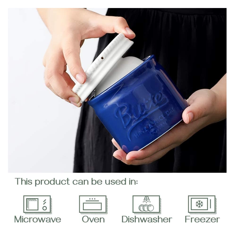 DOWAN Butter Dish, French Butter Crock With Lid for Spreadable Soft Butter, Porcelain Butter Keeper With Waterline for Counter, Embossed Butter Container Home Gift Kitchen Decor, Beige