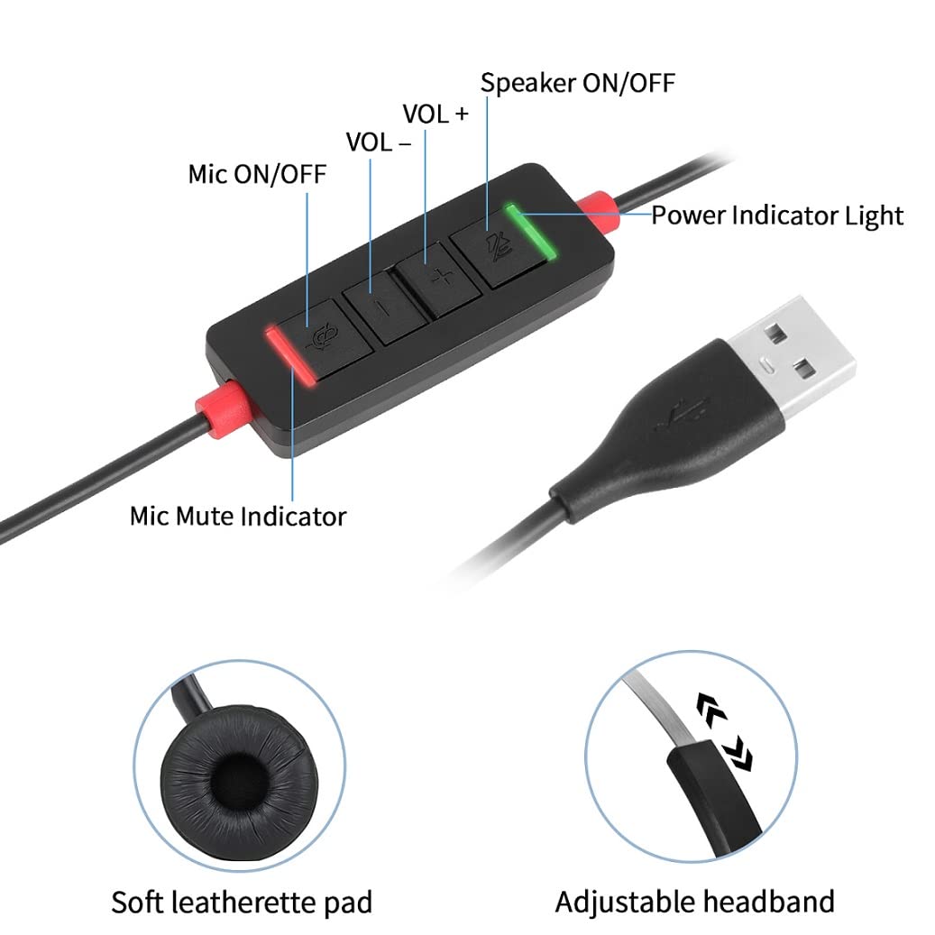 USB Headset with Microphone for PC Laptop Computer Headphone Noise Cancelling Mic for Home Office Online Class Teams Zoom