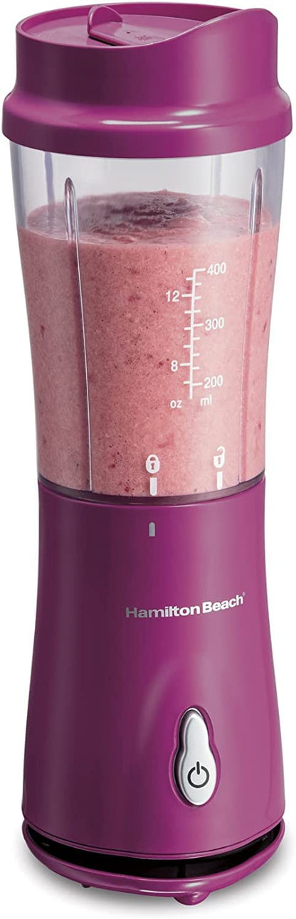 Hamilton Beach Portable Blender for Shakes and Smoothies, 14 Oz BPA Free Travel Cup & Lid, Durable Stainless Steel Blades, Personal Smoothie Blender, Raspberry, 51131G