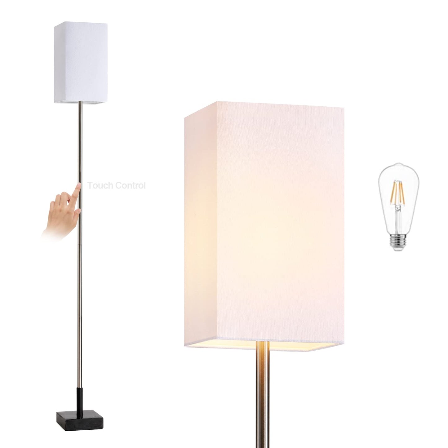 FIGDIFOR Floor Lamp, 3-Way Touch Control Dimmable Standing Lamp with Sturdy Marble Base, Brushed Nickel Touch Floor Lamp Tall Lamp with Square Linen Shade for Living Room, Bedroom, LED Bulb Included