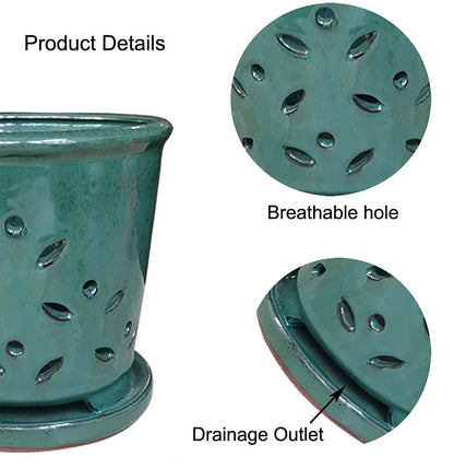 Ceramic Orchid Pots with Holes 6 Inch, Round Green Ceramic Orchid Pot with Saucer, Ceramic Air Plant Pot with Holes, Butterfly Pot Saucer Windowsill Contemporary Home Decoration, Forest Green