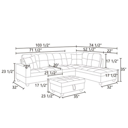 UOCFYK L-Shaped 3-Piece Flannel Sofa with Storage Ottoman Set, Sectional Couch Sofa Set for Living Room, Office, Small Space, Blue