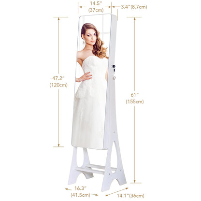 MASMIRE Mirror Jewelry Cabinet Standing, Full Length Mirror Jewelry Armoire Jewelry Organizer Lockable Jewelry Storage for Women Girl Full-Length Frameless LED Lights 6 Drawers Lockable White