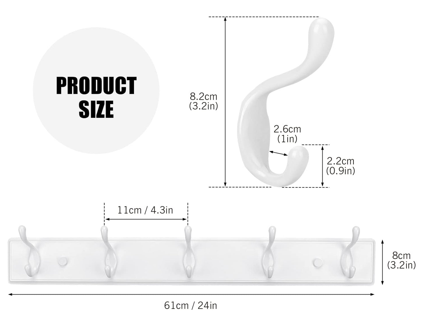 Badiano Wooden Coat Rack, Wall-Mounted Organizer for Closet, Entryway, Hallway, Foyer, Bedroom, Heavy Duty Double Hooks for Hanging Towels, Bags, Hats, Jackets, Key (White, 5 Hooks)
