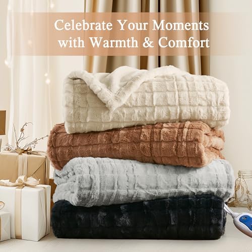 Beautyrest Zuri Reversible Faux Fur to Mink Electric Blanket, Auto Shut Off, Virtually Zero EMF, Multi Heat Setting, UL Certified, Machine Washable, Natural Marble Throw 50x70