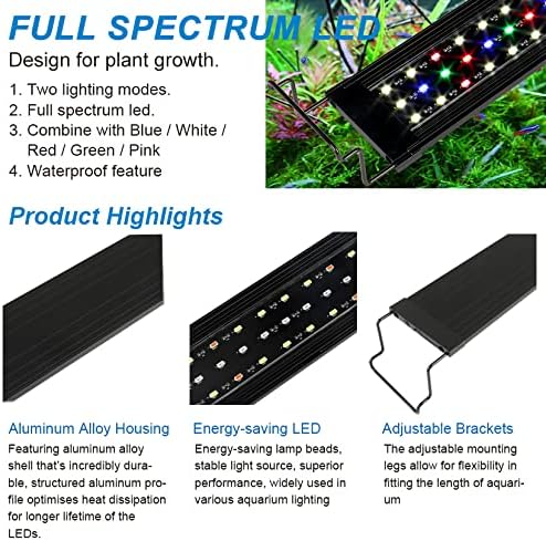 WaterRebirth Ultra-Slim Full Spectrum LED Aquarium Light Adjustable Brackets,800LM 20W for 24Inch to 30Inch Fish Tank Lighting Fresh Water