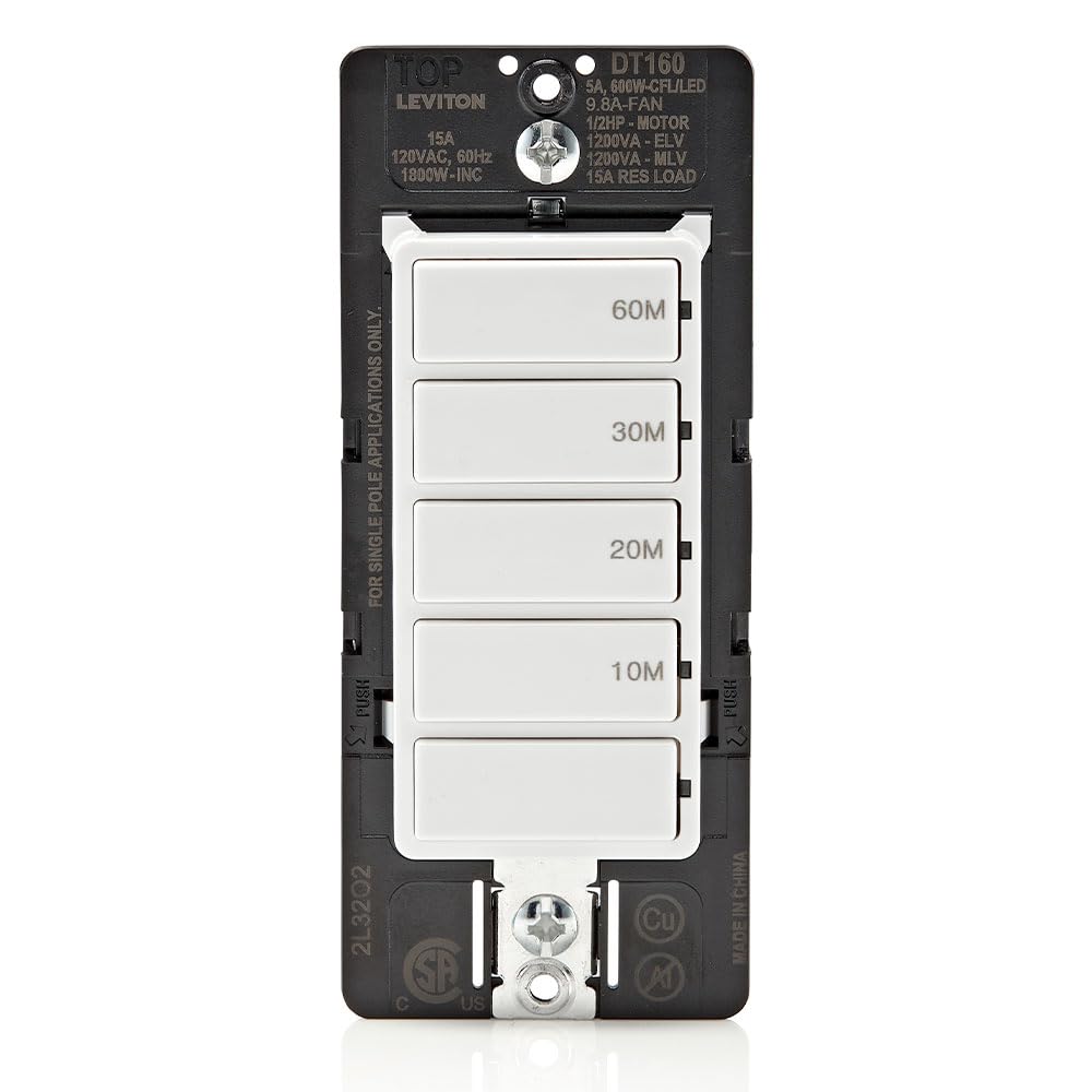 Leviton Countdown Timer Switch for bathroom fan and household lights, 5-10-15-30 min, No Neutral Required, Single Pole, 15A, 1/2 HP/9.8A Fan/Motor, DT130-1LW, White