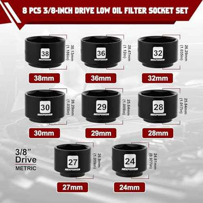 MIXPOWER 8 Pieces 3/8" Drive Low Profile Oil Filter Socket Set, 24mm, 27mm, 28mm, 29mm, 30mm, 32mm, 36mm, 38mm, Oil Filter Cap Remover and Installer Tool Set