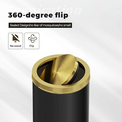 4.7 Gallon/18L Stainless Steel Bathroom Trash Can,Black and Gold Garbage Bin with Swing Lid,Round,Elegant Waste Basket,for Toilet,Kitchen,Living Room,Hotel,Home (18L-Black)