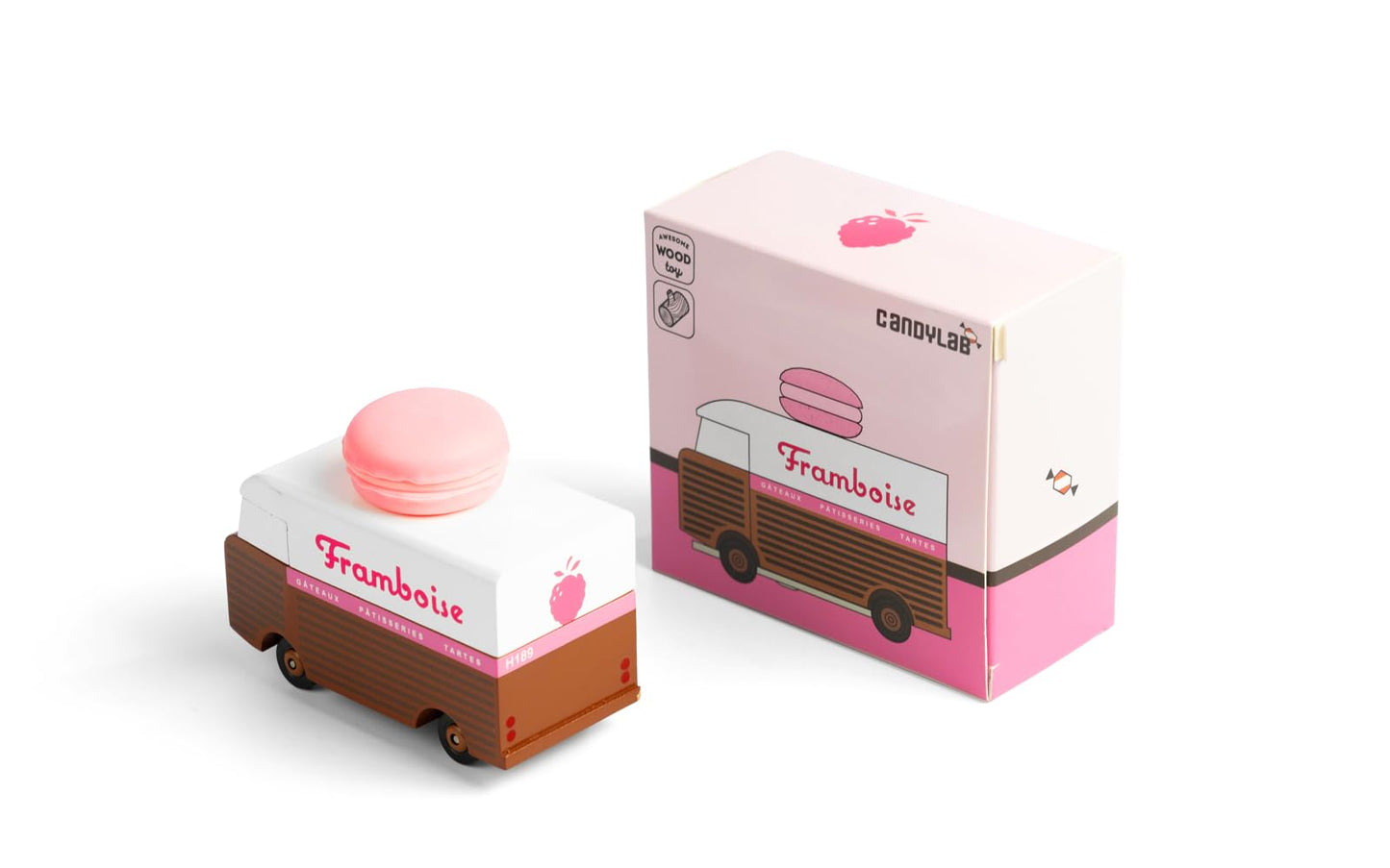 CANDYCAR® Wooden Food Truck Collection - Framboise Macaron Van, Premium Handcrafted Beech Wood Toy Car