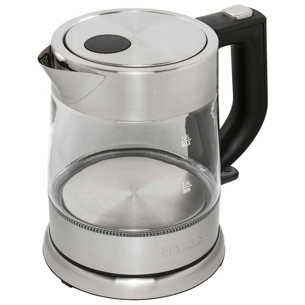 SEVERIN Glass Kettle, Powerful and Compact Kettle in High-Quality Design, Electric Kettle with Limescale Filter, Stainless Steel/Black, WK 3468, Kettle for 1 Litre