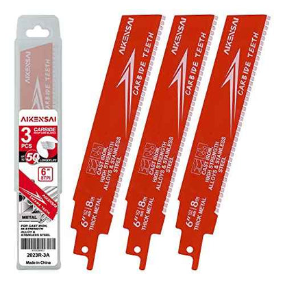 3-Pack 6 Inch 8TPI Carbide Sawzall Blades for Thick Metal Carbide Reciprocating Saw Blades for Cast Iron and Alloy Steel Compatible with Milwaukee Makita Dewalt Ryobi etc