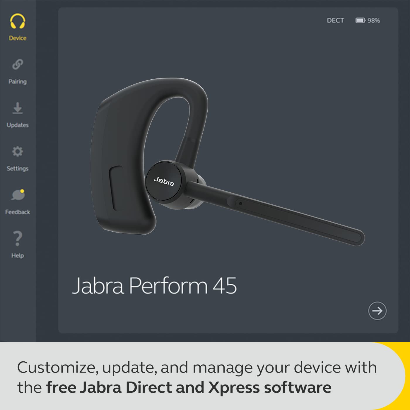 Jabra Perform 45 Push-to-Talk (PTT) Bluetooth Wireless Headset, Noise-Cancelling Microphone, Push-to-Talk Functionality, Face2Face Mode, and Discreet Design, IP54-Rated, Black