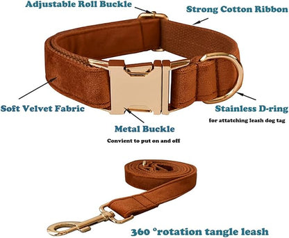 Love Dream Velvet Dog Collar and Leash Set, Soft & Comfy Adjustable Dog Leash and Collar with Heavy Duty Metal Buckle for Small Medium Large Dogs Training & Walking (XLarge, Copper Red)
