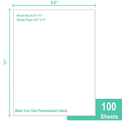 L LIKED 8.5x11 Printable White Sticker Paper Full Sheet Label, Matte, for Laser & Inkjet Printing (100 Sheets)