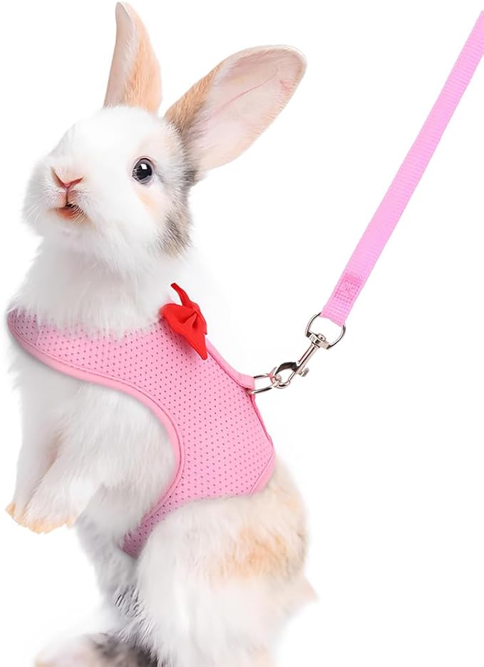 Pink Rabbit Harness and Leash Set, with Cute Bow Soft Breathable Mesh Bunny Vest Harness for Rabbits Kitten Ferret Puppy Small Pets Walking, S