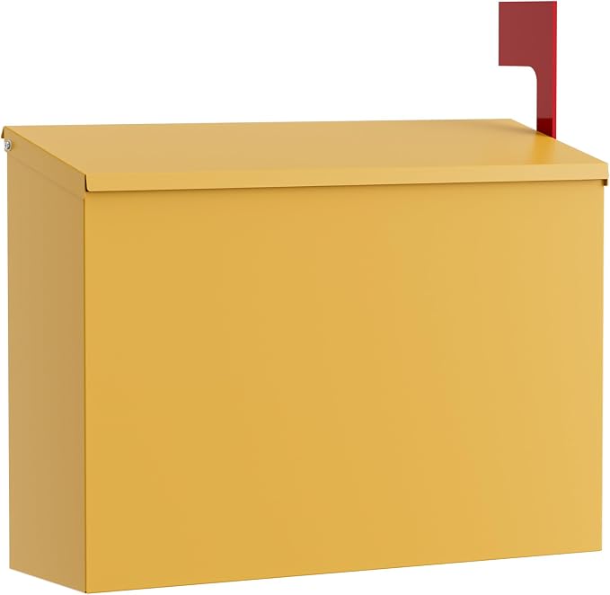 Wall-Mount Mailbox for Outside, Large Capacity Rust-Proof Mail Box with Stay-Open Lid & Red Flag Kit, Galvanized Steel Weather-Resistant Post Box for House Outside, 10.5"x4.3"x14.2", Yellow
