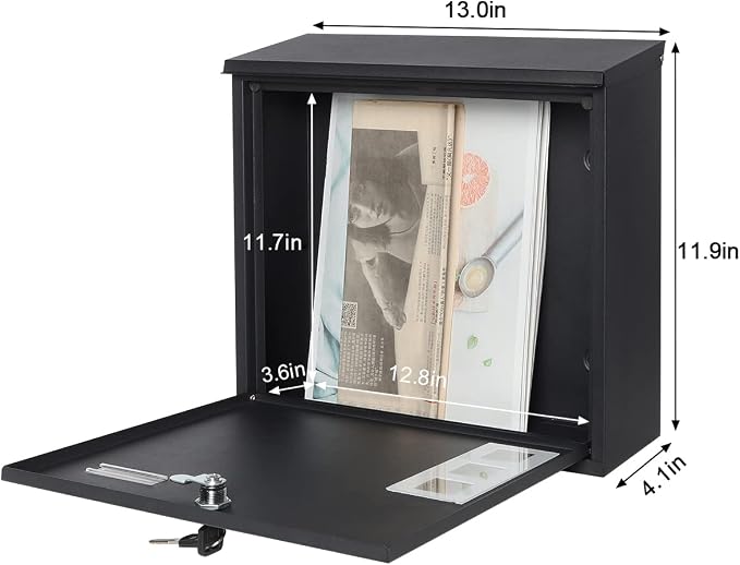 Decaller Galvanized Steel Mailbox with Key Lock, Wall Mount Metal Mail Box Outdoor, 13" x 11.8" x 4.1", 916 Black