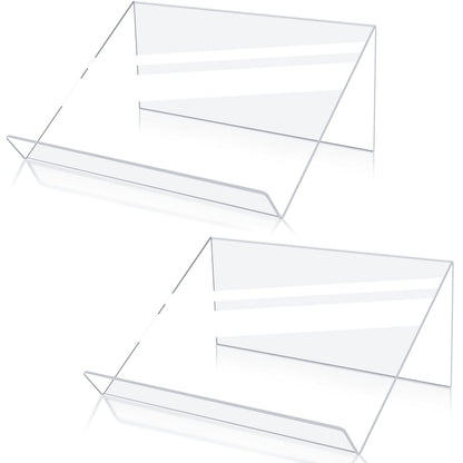 Kamehame Book Stands for Display, 2 Pack Slightly Elevated Clear Acrylic Book Display Stand with 1.5" Ledge, Book Easel Anti-slip Border for Handwriting Reading Art and Laptop, 12"x8.5"x5.1"