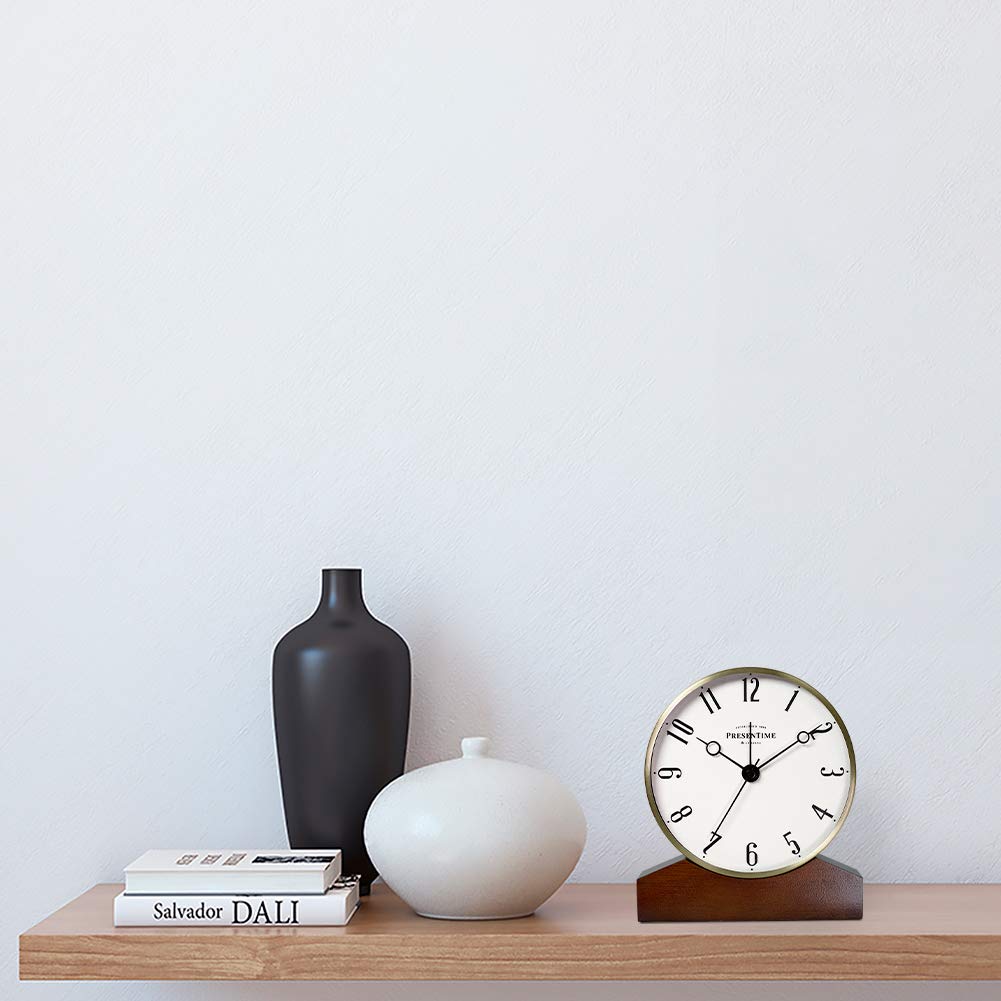 Presentime & Co Mozart Mantel Alarm Clock, Desk and Shelf Clock, Tabletop Decoration, 6 x 5.5 inch, Silent no Ticking, Wooden Base, Walnut Finish, Golden Color, Arabic Numeral