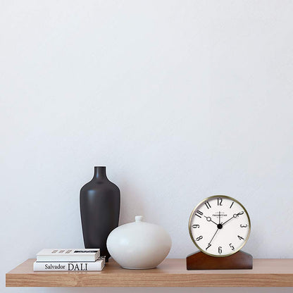 Presentime & Co Mozart Mantel Alarm Clock, Desk and Shelf Clock, Tabletop Decoration, 6 x 5.5 inch, Silent no Ticking, Wooden Base, Walnut Finish, Golden Color, Arabic Numeral