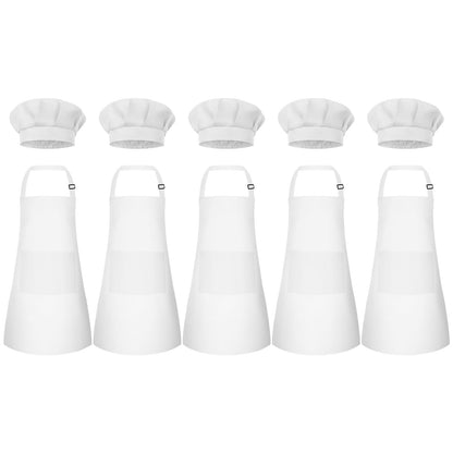 Bouiexye 5 Set Kids Apron and Chef Hat Set Children Apron Adjustable with 2 Pockets Children Chef Painting for Cooking Baking Painting Crafts Making (White