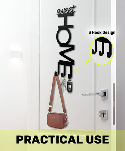 Sweet Home Wall Key Holder with 3 Hooks, Black Metal Decorative Key Hanger, 2 Installation Options