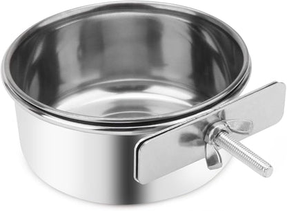 Pet Food Water Bowl with Clamp Holder Stainless Steel Coop Cup Hanging Feeder for Dog Bird Parrot Cat Rabbit (S)