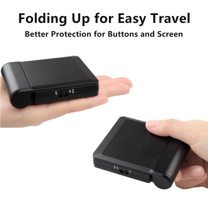 FAMICOZY Small Folding Digital Travel Alarm Clock with Day/Month/Date/Indoor Temperature,Easy to Read and Set,High/Low Alarm Volume,9 Min Snooze,Backlight on Demand,Bedside Calendar Alarm Clock,Black