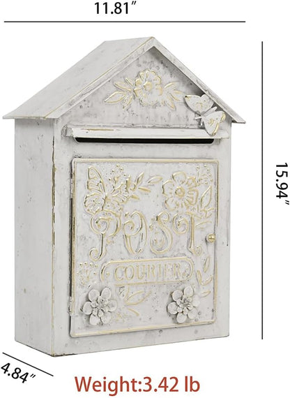 Vintage White Wall Mount Mailbox for Outside, Metal Post Box Decorative Antique Style Mail Drop Box for House Decor(White)