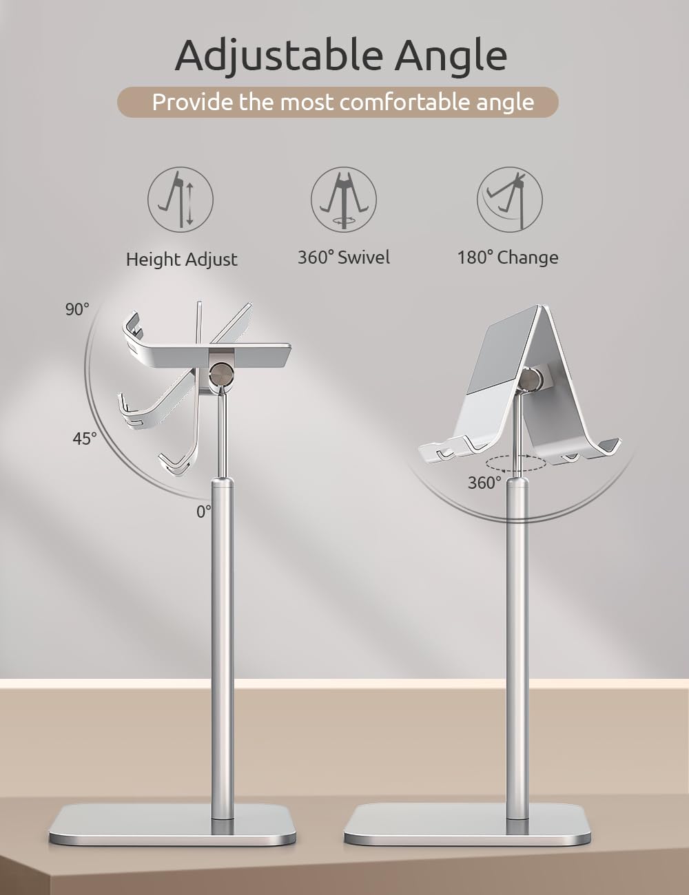 ODOSOLA Tablet Stand Height Angle Adjustable, Eye-Level Desktop iPad Stands Tablet Holder for Home Office, Cradle Dock for iPad Pro 12.9, Air Mini 4, Kindle, E-Reader, Nexus, iPhone (4-13'') Silver