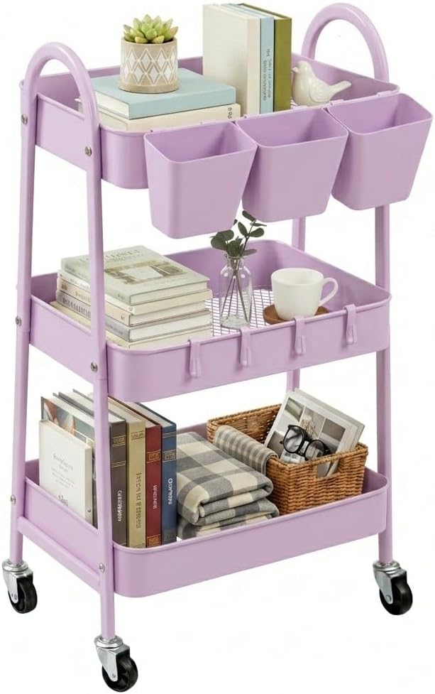 danpinera 3-Tier Rolling Cart, Utility Cart Mobile Metal Rolling Storage Cart with Lockable Wheels & Hanging Cups & Hooks for Kitchen, Bathroom, Office, Workshop, Purple