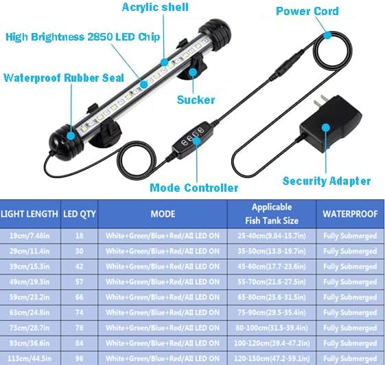 Submersible Aquarium Light Underwater Fish Tank Light with Timer Auto On/Off, LED Aquarium Light Bar 3 Light Modes Dimmer Adjustable Brightness,44.5inch (with Timer&dimmer)