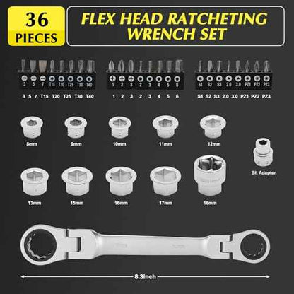 EMENTOL 36PCS Flex Head Ratcheting Wrench Set, 12-in-1 Wrench Set & 24-in-1 Screwdriver Set, CR-V, Double Box End Wrench 8mm -19mm