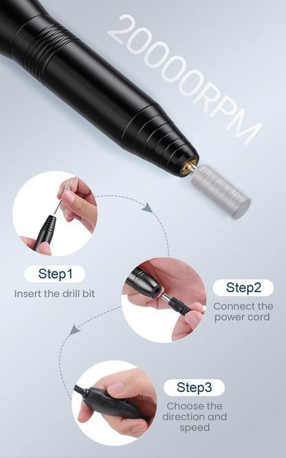 Portable Electric Nail Drill Machine, Professional 20000 RPM USB Manicure Pedicure Drills for Acrylic Nails Gel Polishing Shape Tools