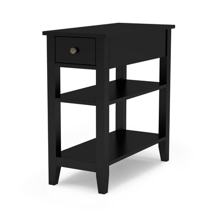 ChooChoo Side Table Living Room, Narrow End Table with Drawer and Shelf, 3-Tier Sofa End Table for Small Space, Black