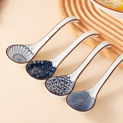 JOBNTZ Asian Soup Spoon,Ceramic Ramen Spoons Japanese Style for Pho, Miso soup, Dumpling, Noodles, Chinese Wonton Dishwasher safe - Set of 4 - Blue